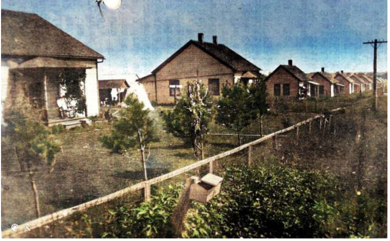 vintage image, possibly color tinted, of an old home in the background and a fence in the foreground.